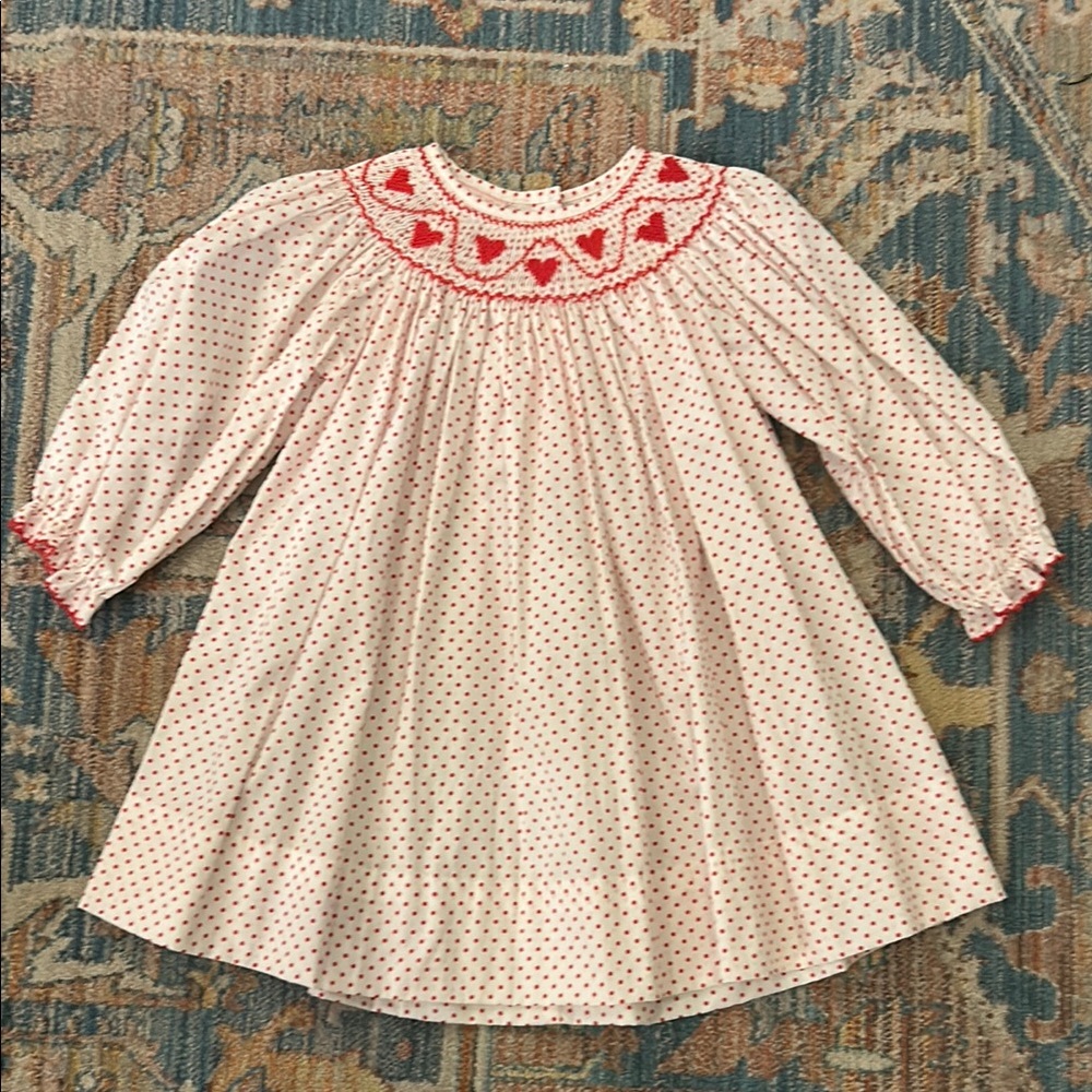Smocked cotton Polka Dot Dress with Red Hearts